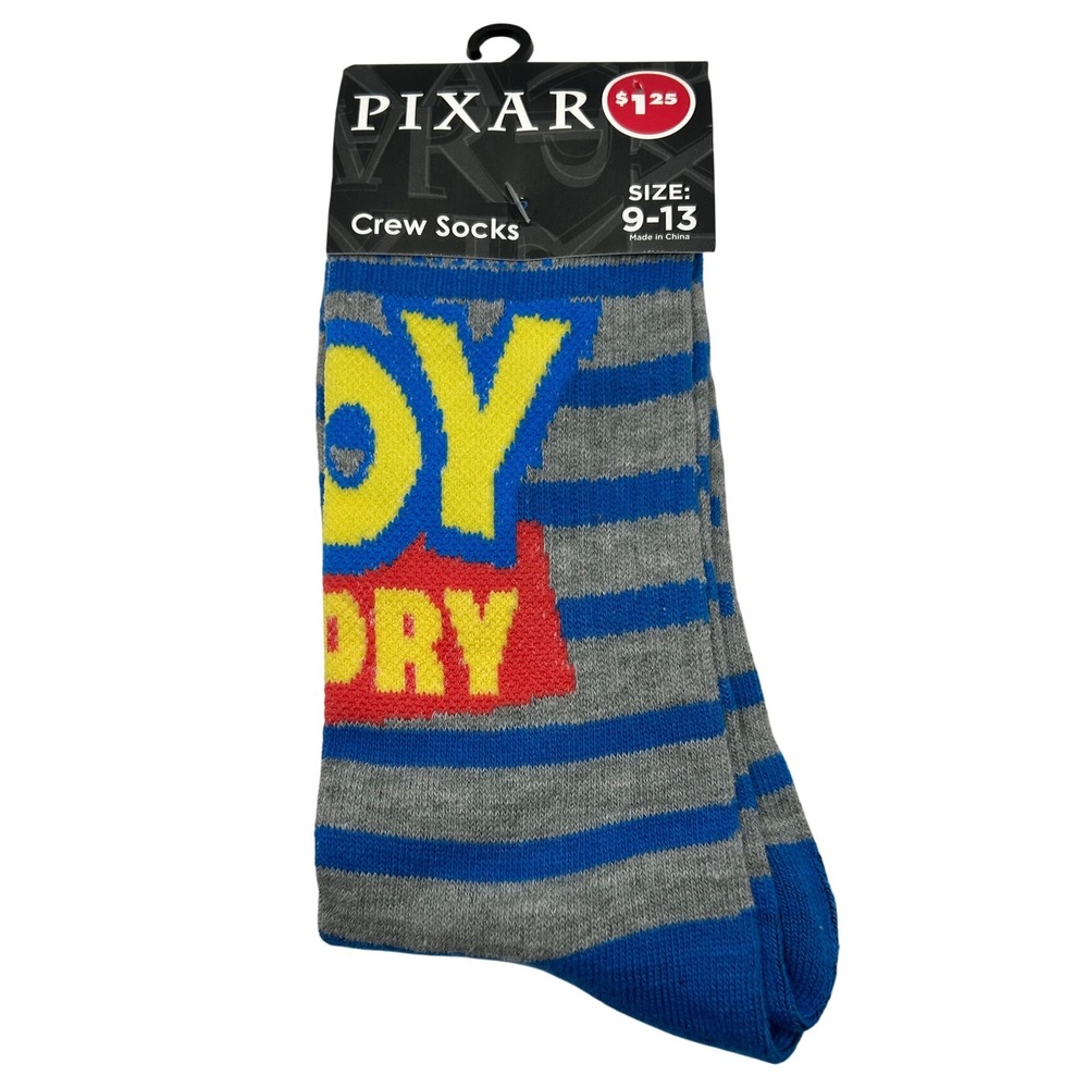 Pixar Toy Story Crew Socks Blue Gray Striped Size 9-13 Disney New